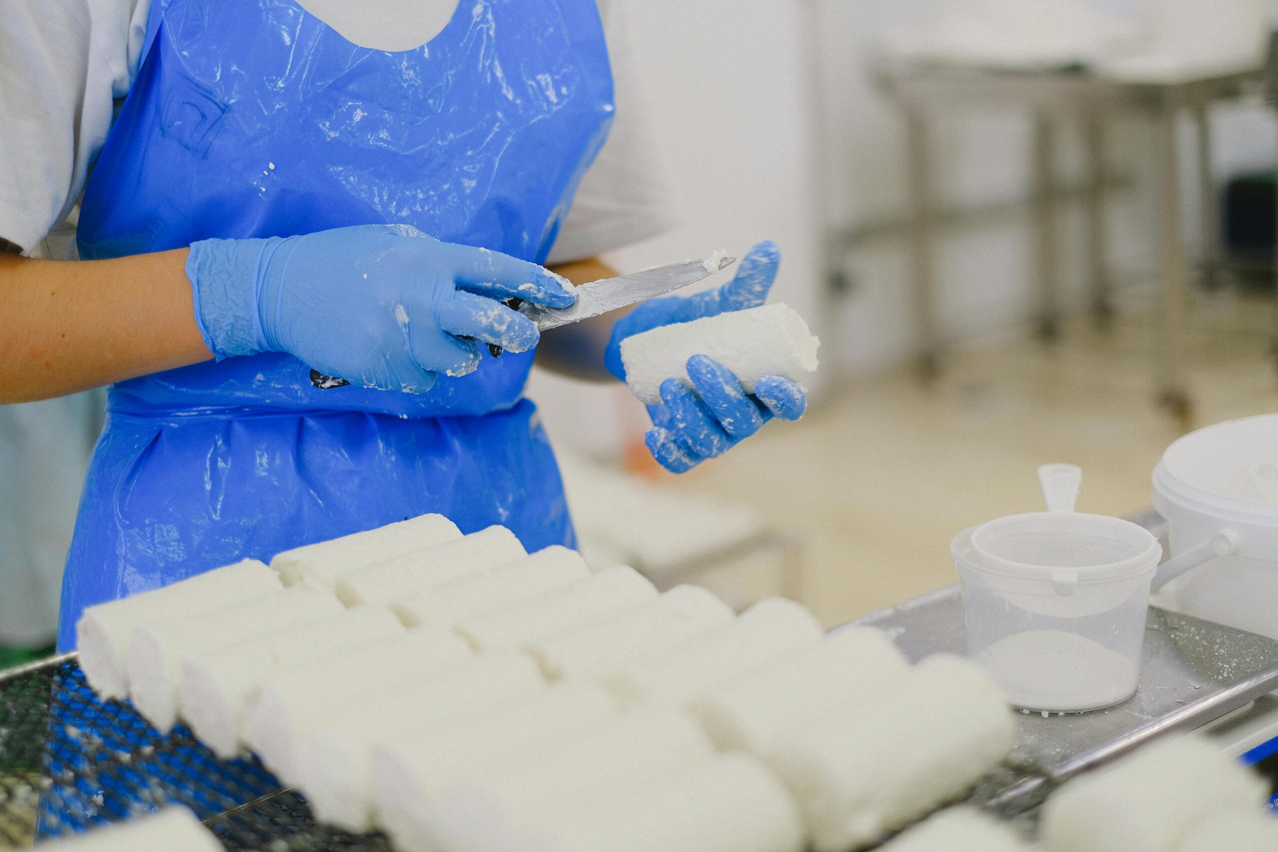 Worker processing cheese with gloves in a sterile dairy factory environment.